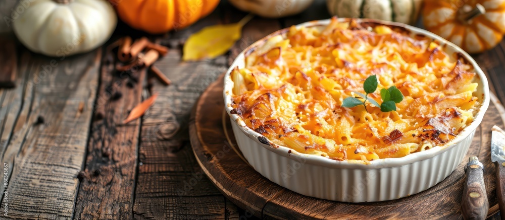 Poster Delicious pumpkin and penne gratin with a rustic charm perfect as a cozy fall dish displayed in a warm inviting setting with a rustic wooden dinner table and copy space image