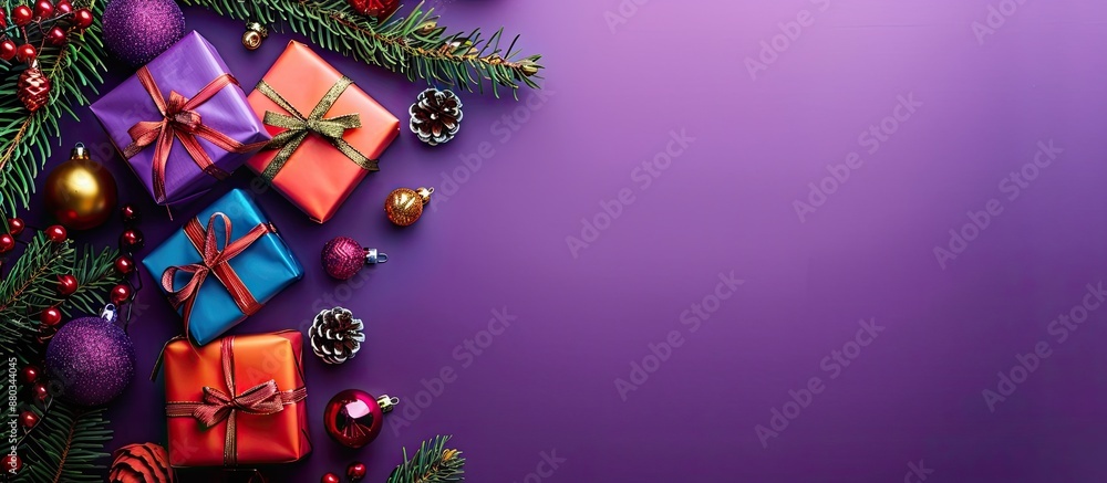 Poster colorful background with gift boxes christmas tree perfect for texts copy space image for mockups gr
