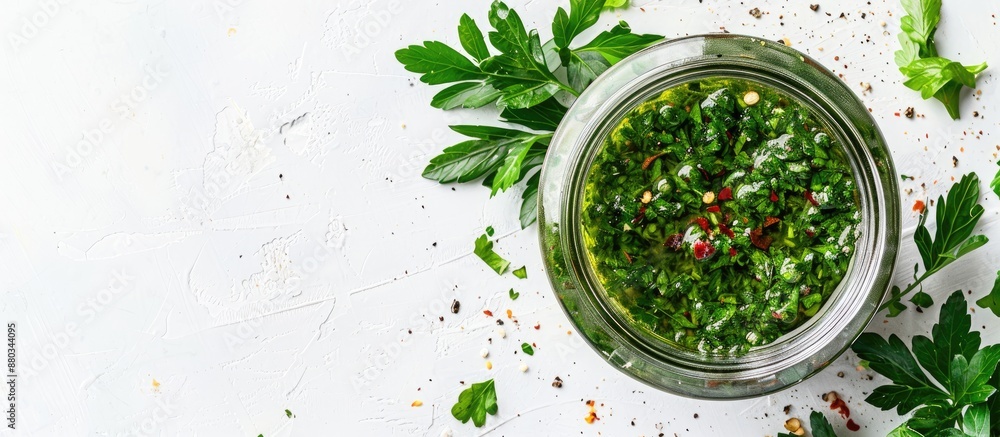 Poster Chimichurri green sauce with herbs and spices in a jar on a white background with space for text. with copy space image. Place for adding text or design