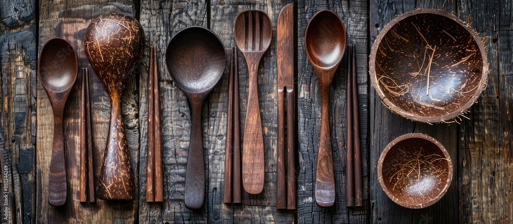 Fototapete a set of coconut tree utensils including a wooden spoon fork chopsticks and bowl with a rustic feel 