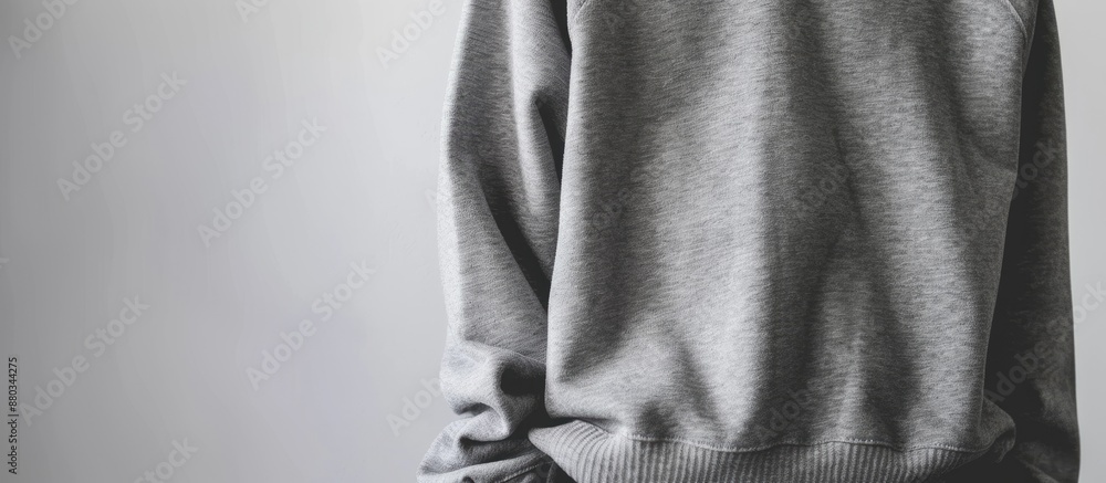 Poster Gray sweatshirt isolated on a white background with copy space image for logos and designs shown in a flat lay style capturing a close up of the long sleeve
