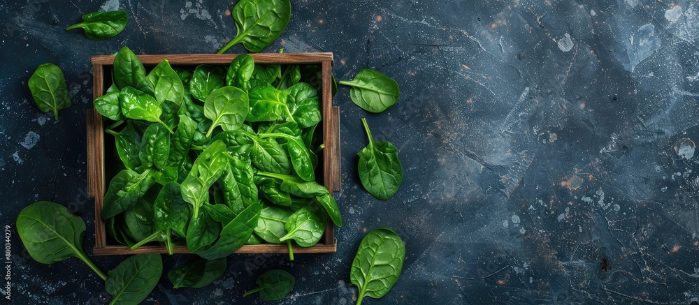 Poster wooden box with spinach a healthy option in a top down view with available copy space image