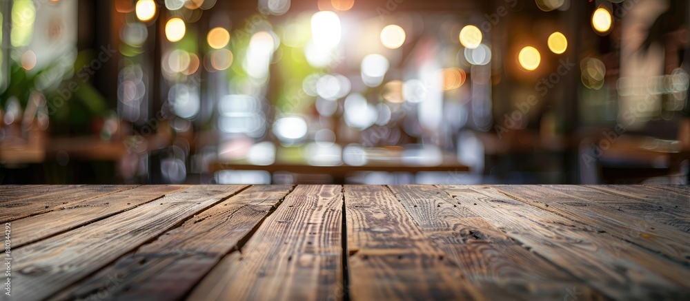 Leinwandbilder an empty brown wooden table with selective focus for displaying products featuring a blurred coffee 