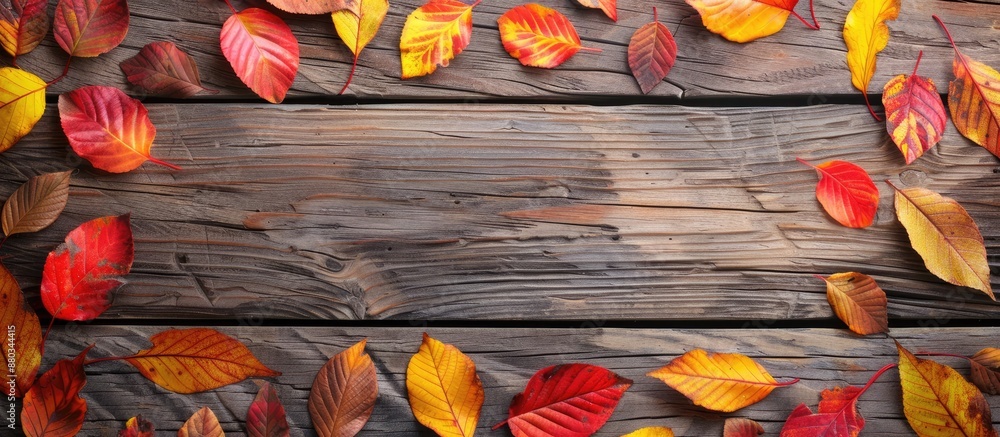 Leinwandbilder Wooden table with colorful autumn leaves creating a charming display with copy space image