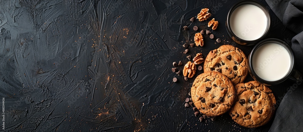 Poster black background with cookies milk and copy space image