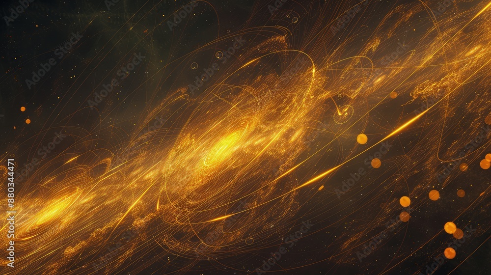 Wall mural an abstract expression of a cosmic event, where yellow-orange lines and circles spread across a dark
