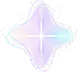 Abstract design featuring concentric, wave-like lines forming cross shape in  center, with soft gradient transitioning from purple to blue, and scattered dots around