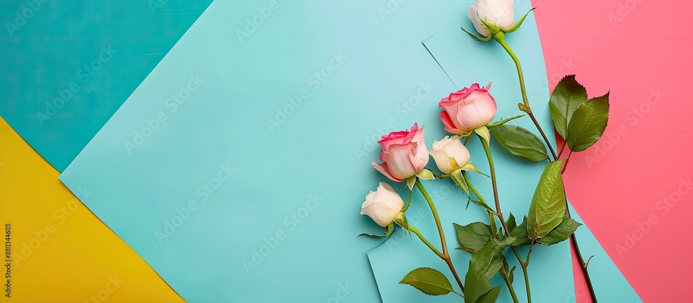 Aufkleber spring flowers like rose buds blooming against a colorful paper backdrop with copy space image for t