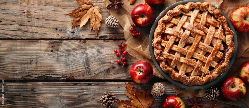 Aufkleber An image showing a classic autumn dessert of organic apple pie on a rustic wooden surface with space for text ideal for Thanksgiving. with copy space image. Place for adding text or design
