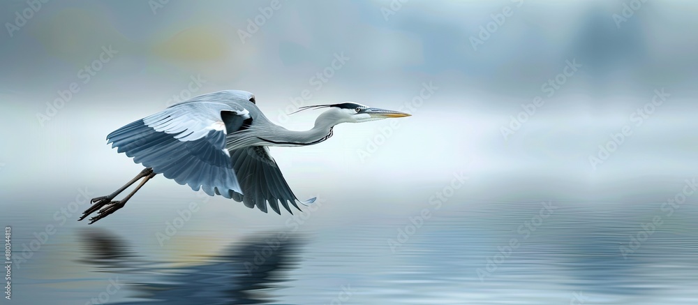 Poster A grey heron in flight with a shimmering water reflection below creating a picturesque copy space image