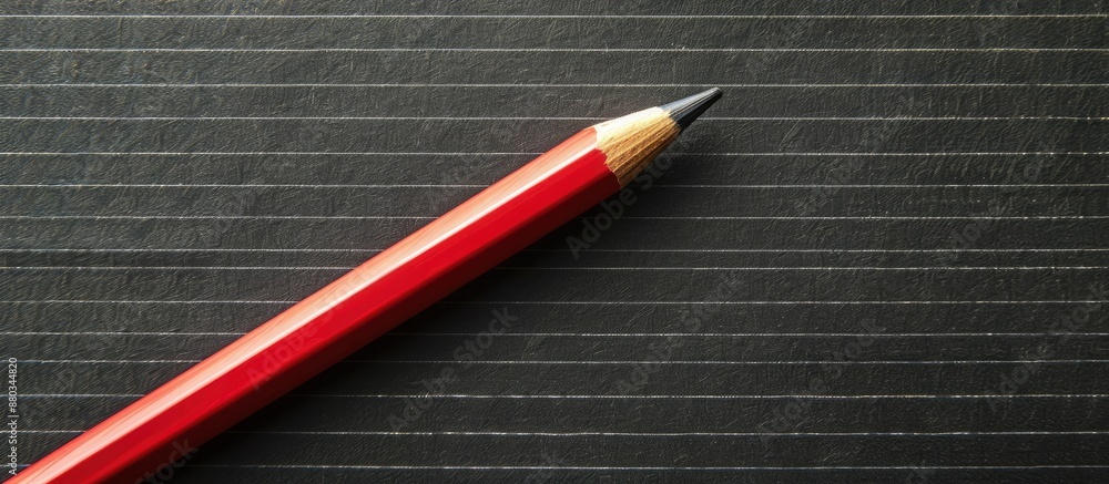 Fototapete Red colored pencil with a black body is placed on lined paper against a black felt background with space for text or images. with copy space image. Place for adding text or design