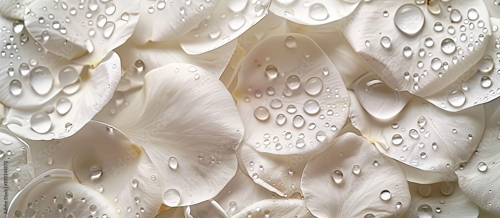 Poster white flower petals with water drops on them displayed in a copy space image