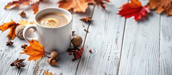 Autumn themed beverage with a grey coffee mug surrounded by fall elements like spices oak leaves acorns and pumpkins on a white wooden table perfect for a cozy seasonal concept Includes copy space ima