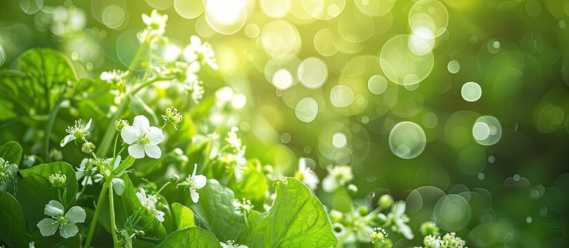Radish buds and blossoms with bunchy white flowers bloom in winter against a blurred green backdrop ideal for a copy space image