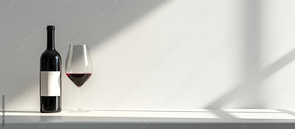 Poster bottle of wine and a glass resting on the table with a clean white background for a copy space image