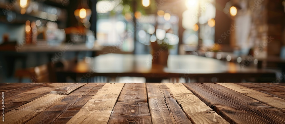 Poster empty brown wooden table in focus with a blurred coffee shop background providing a suitable copy sp