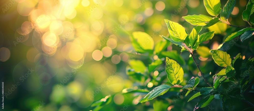 Poster Fresh green leaves on a tree with a warm filter under summer sunlight create a bokeh natural color background perfect for a copy space image