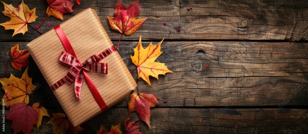 Poster autumn themed composition featuring a gift box maple leaves and a festive ribbon bow set on a rustic