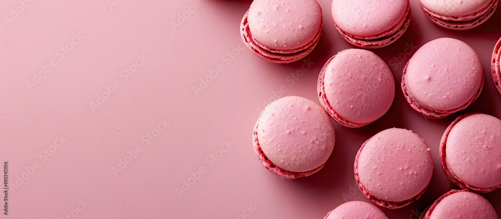Poster Pink macaroons displayed on a matching pink background create a sweet visually appealing image with a flat lay composition giving a clear view with room for text or additional elements
