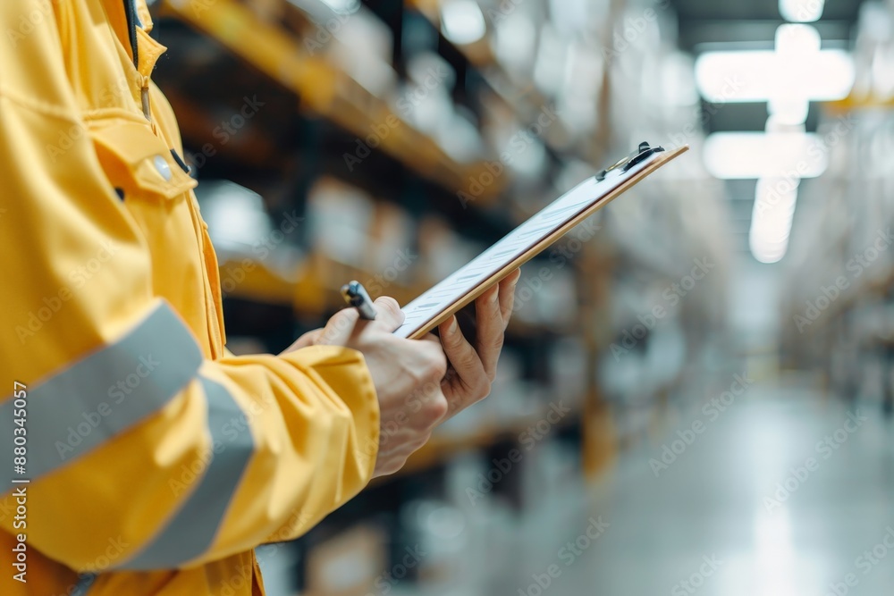Poster precision in action: warehouse employee checking product quantities on clipboard with focused concen