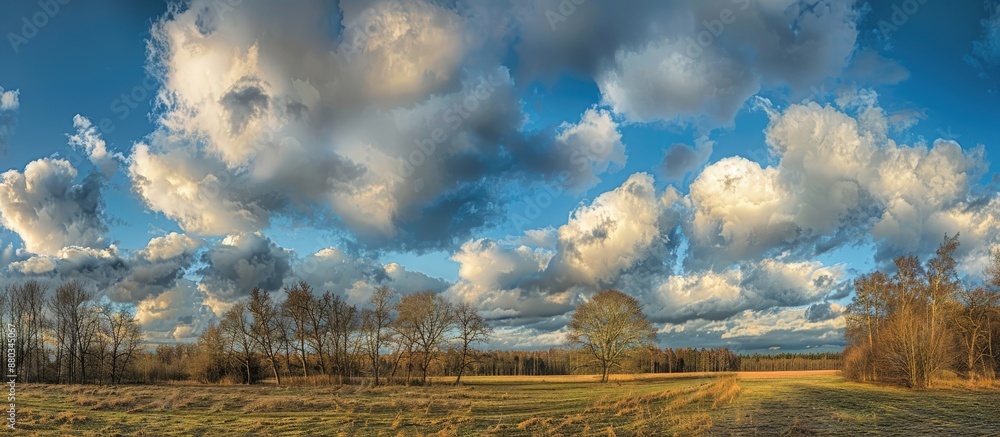 Poster Scenic landscape with trees in a field set against a cloudy blue sky perfect for a copy space image