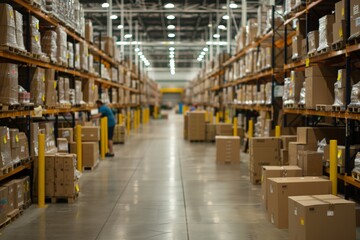 Busy Warehouse Interior with Employees Conducting Inventory Checks Among Rows of Stocked Shelves