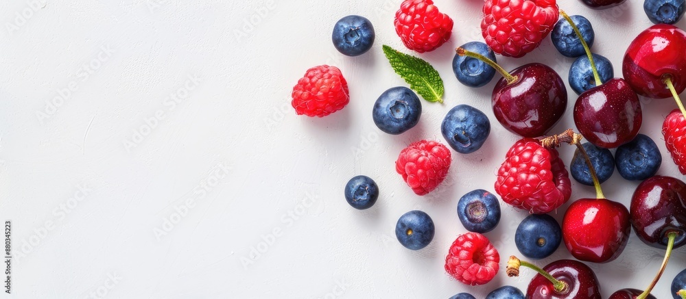 Aufkleber Assorted berries like blueberries cherries and raspberries on a white background with copy space image