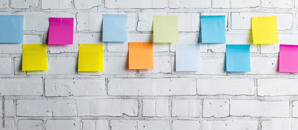 Poster Pinboard displaying adhesive notes against a white brick wall leaving space for an image. with copy space image. Place for adding text or design