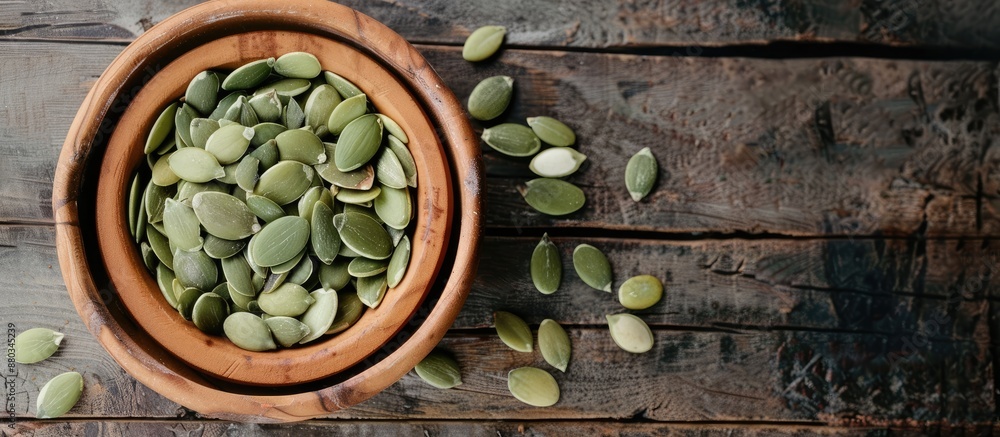 Poster A bowl of unprocessed pumpkin seeds placed on a wooden table with room for text alongside the image. with copy space image. Place for adding text or design