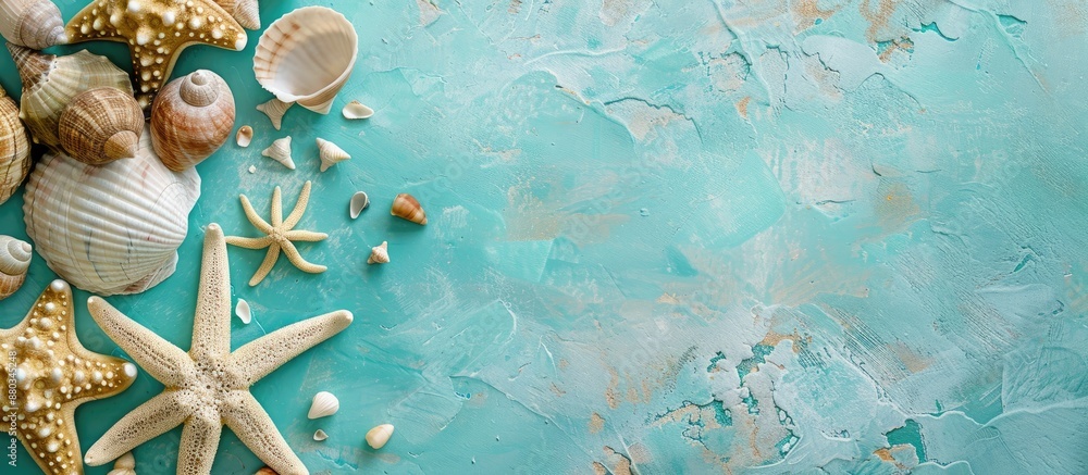 Aufkleber A top view of a sea star shells pebbles on a vivid turquoise backdrop a design template for a vacation banner with available space for text or images. with copy space image