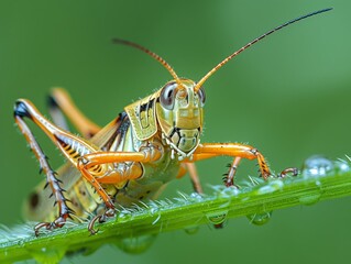 Close-up of a Grasshopper's Legs- Zoom in on the legs of a grasshopper as it perches on a blade of grass