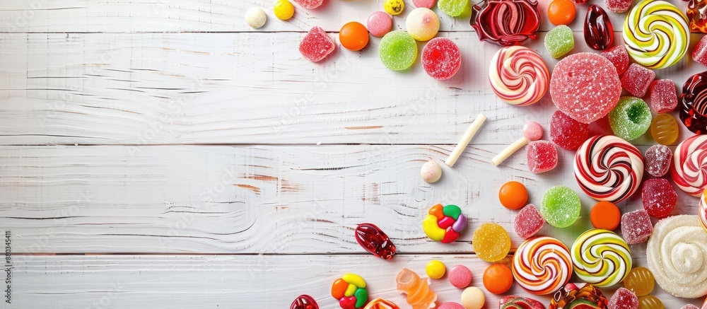 Aufkleber Top down view of a variety of candies displayed on a white wooden background offering ample copy space for additional text or images
