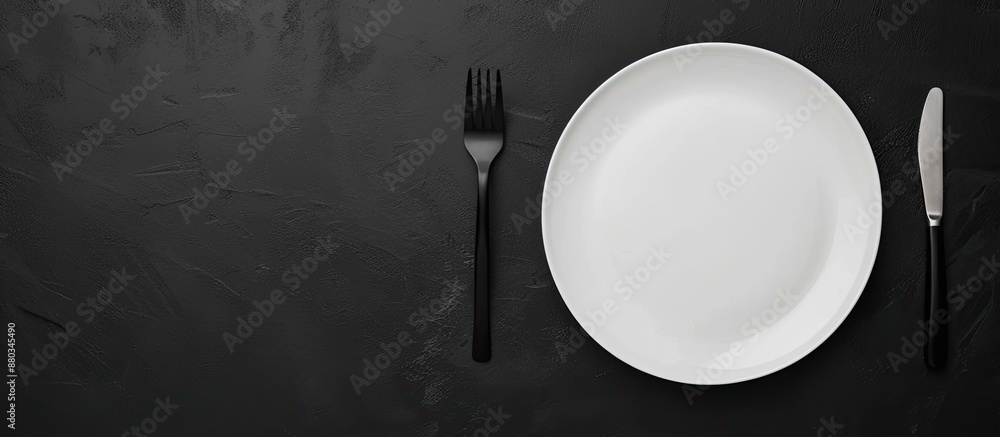 Leinwandbilder top view of a spotless white plate with cutlery isolated on a black background ideal for food relate