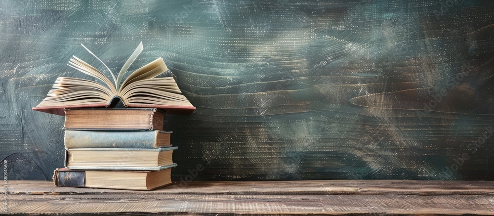 Aufkleber Educational background with an open book and hardcover books on a wooden table ideal for a back to school theme featuring copy space for text and images