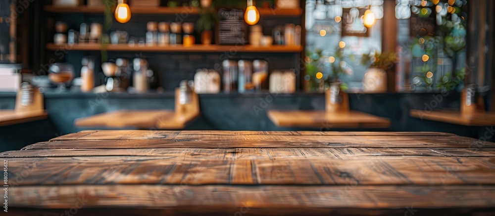 Poster a brown wooden table with a blurry coffee shop background is ideal for product displays or photo edi