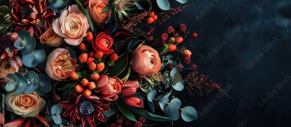 Poster a stylish arrangement of flowers including roses and tulips in a wedding bouquet with decorative pla