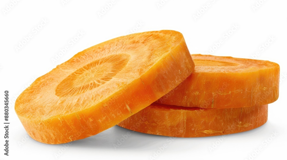 Poster close up of two fresh orange carrots sliced and stacked on a white background isolated with clipping