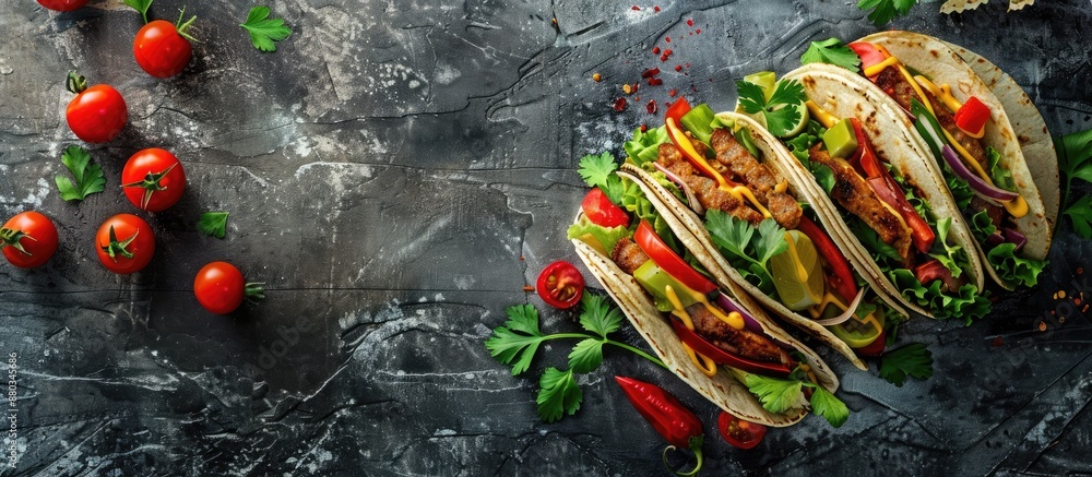 Aufkleber An appealing arrangement of delicious tacos on a textured table with copy space image