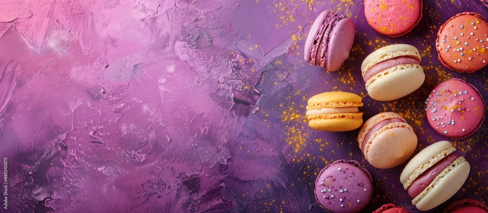 Leinwandbilder a top down image of a variety of macarons on a lively purple textured backdrop with copy space image