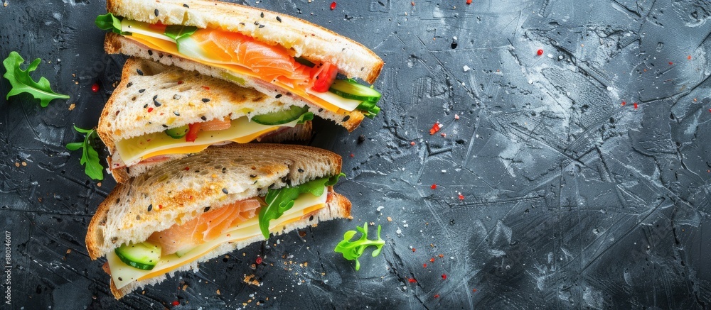 Poster a nutritious sandwich with cheese veggies and red fish displayed on a table for a wholesome break hi