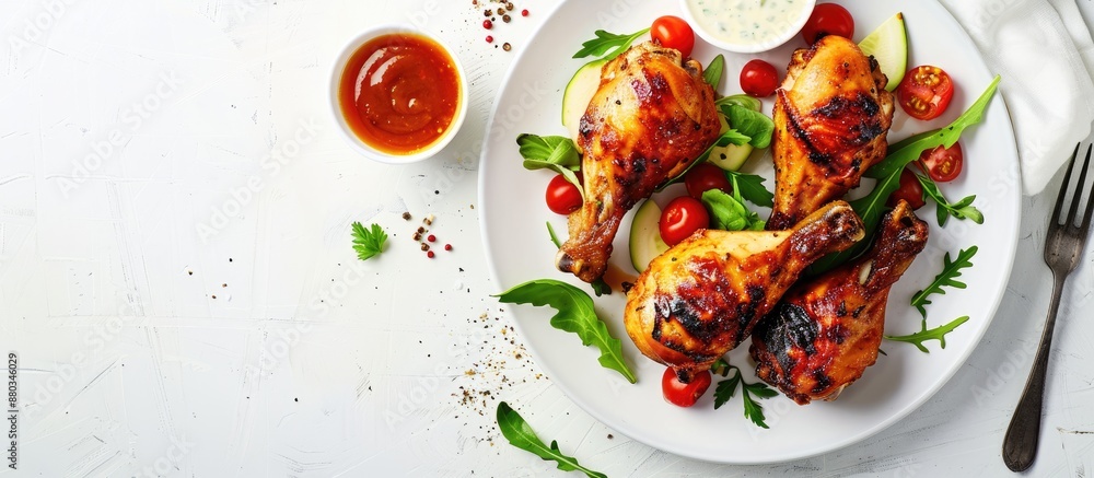 Poster a plate with honey and mustard glazed roast chicken veggies and spicy sauce set against a blank back