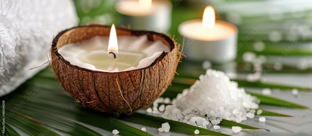 Poster a coconut candle on a green leaf provides a tranquil setting complemented by scented sea salt and a 