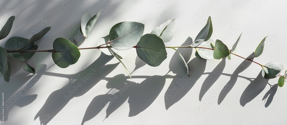 Poster A front facing view of a fresh eucalyptus branch casting a crisp shadow on a gray backdrop providing ample copy space image