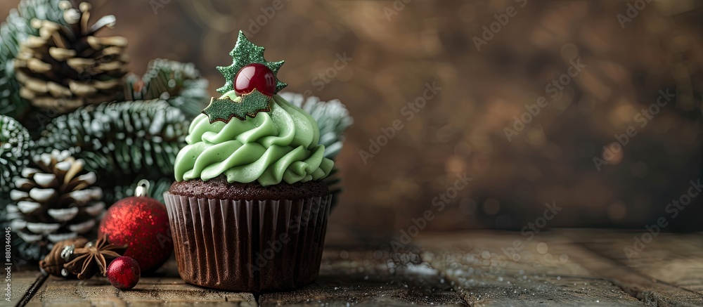Aufkleber a delectable cupcake topped with green frosting and festive christmas decorations showcased on a woo