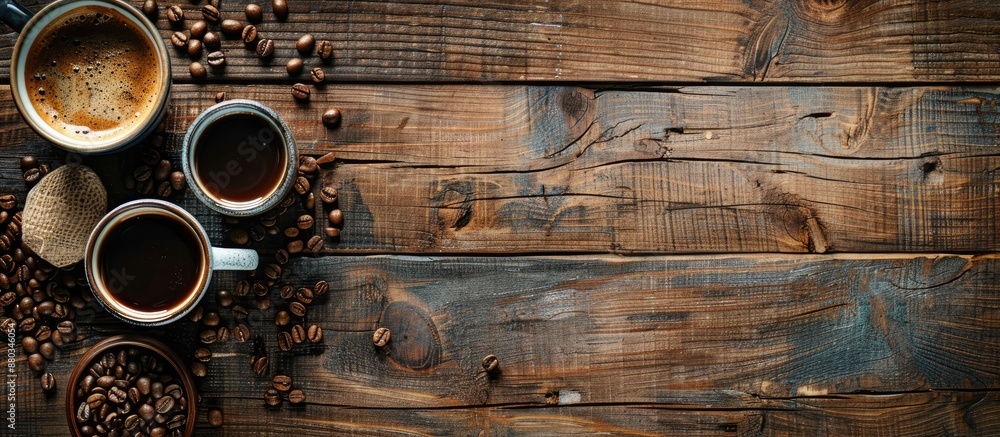 Poster Coffee mugs roasted beans on a wooden table with a copy space image for the background in a flat lay perspective
