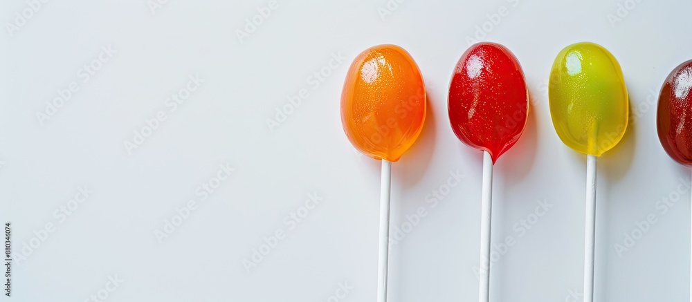 Poster colorful oval lollipops in red yellow green and orange on a light paper backdrop offering flavors li
