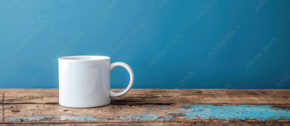 Leinwandbilder White mug on wooden surface against a blue backdrop with space for text or imagery in the picture. with copy space image. Place for adding text or design