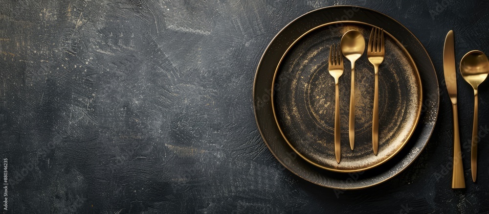 Poster elegant dining setup with golden silverware on a dark backdrop with copy space image