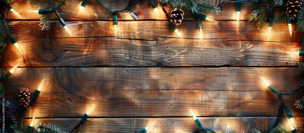 Poster Wooden background adorned with festive Christmas lights adds warmth and cheer to the setting creating a cozy atmosphere in the copy space image