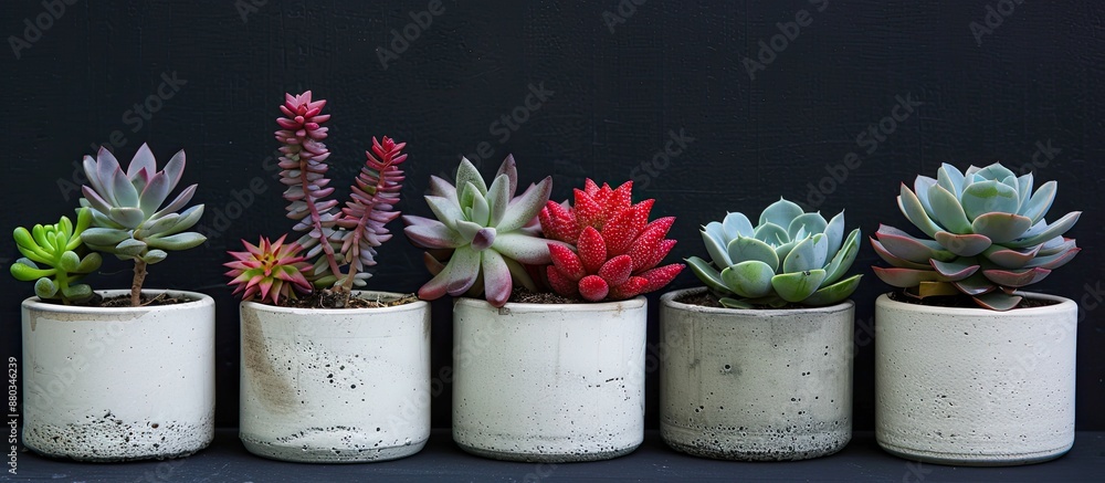 Aufkleber a row of various white ceramic gray concrete pots filled with red lilac and green succulents create 